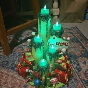 Grinch Themed Green Glitter LED Candle Centerpiece